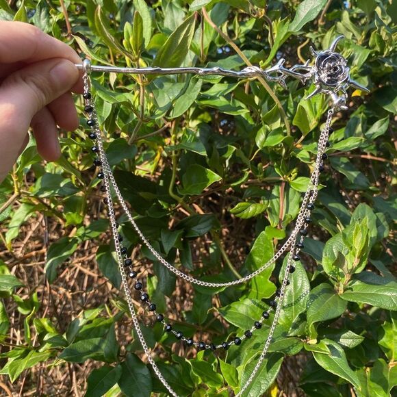 Gothic Rose Hairpin & decorative Chain engraved details Silver Tone New - Picture 4 of 8